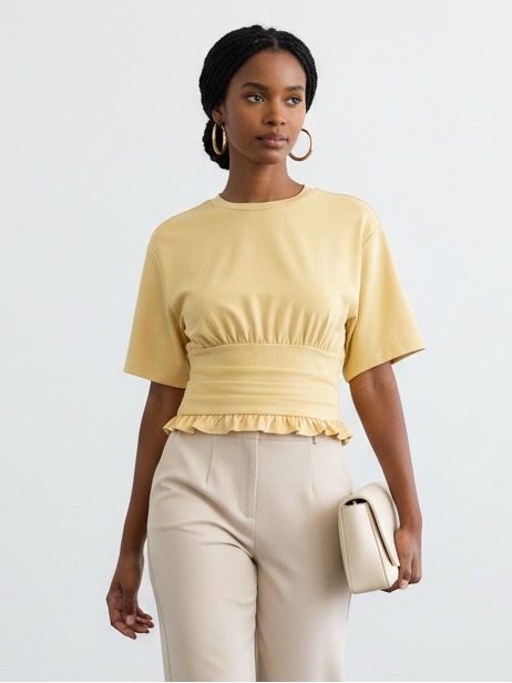 1536 Pleasant Yellow Viscose Blend Fitted Side Zip Ruffle Hem Top
